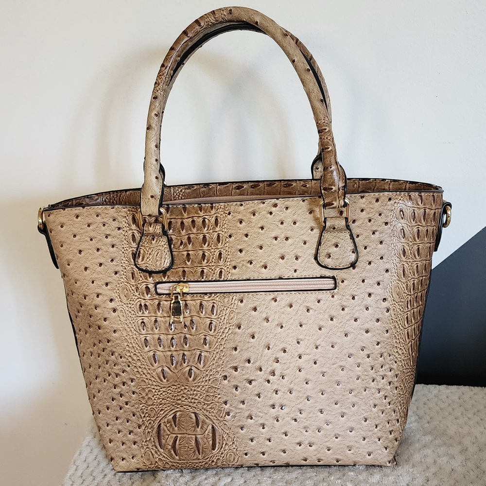 Tan Ostrich-Textured Satchel with Gold Hardware - Picture 5 of 5